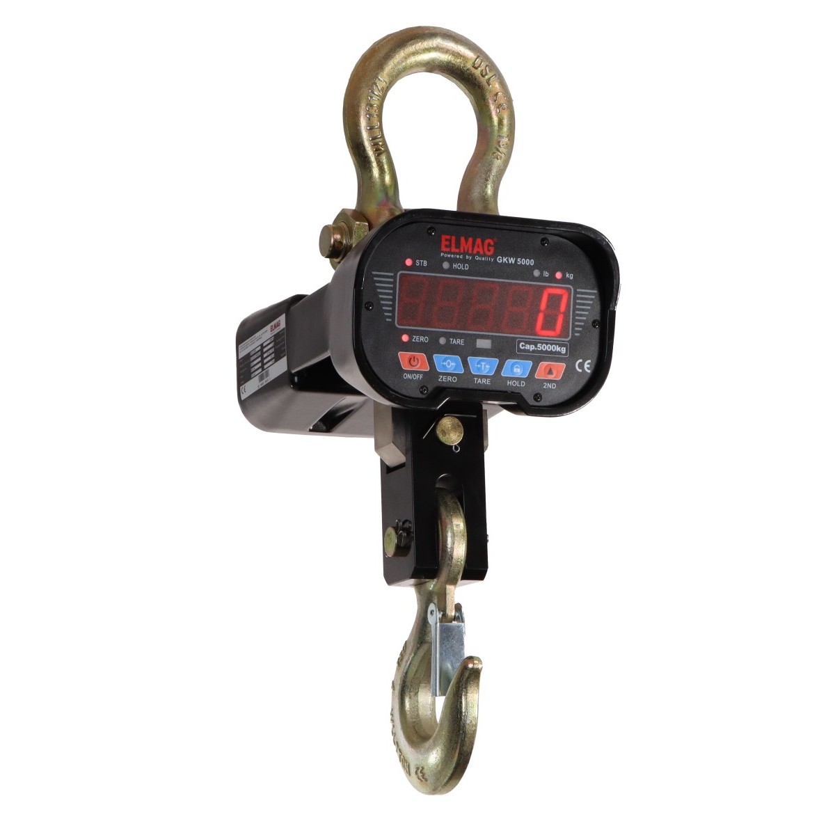 Digitale Kranwaage mit großem Schäkel oben, Haken unten und LED-Anzeige für Gewicht und Bedienfunktionen.