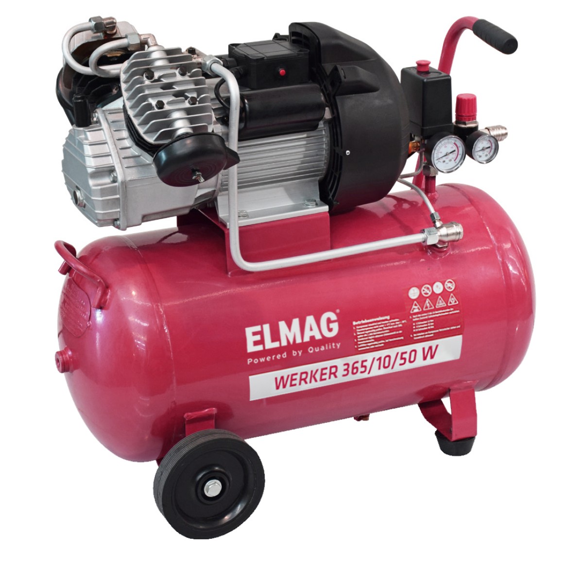 Mobiler Luftkompressor mit rotem Druckbehälter, Motoraggregat, zwei Manometern und Transportgriffen sowie Rollen.