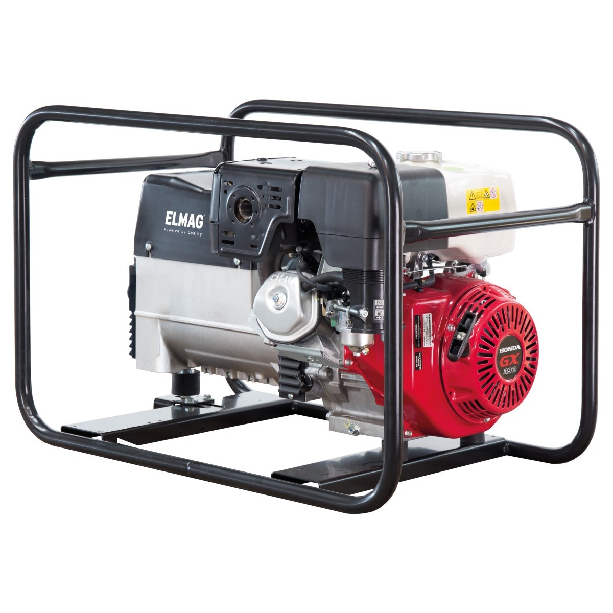 Offenes Stromaggregat im Rohrrahmen mit Honda-Verbrennungsmotor, Lüftergehäuse und Generatorantrieb.