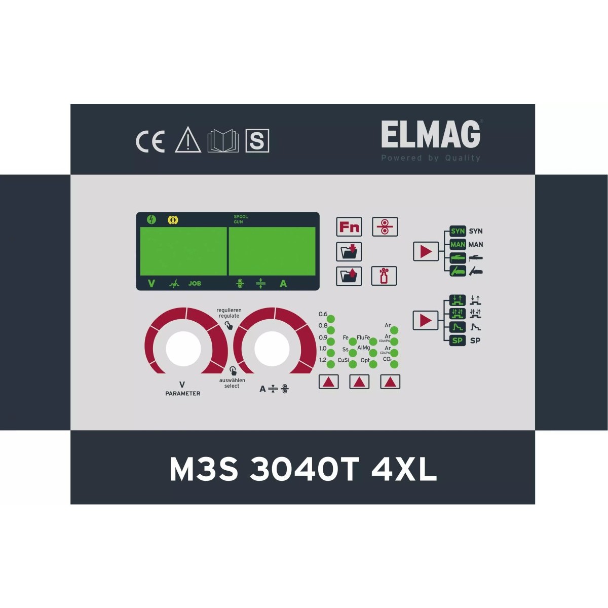Bedienfeld eines Schweißgeräts M3S 3040T 4XL mit Display, Drehreglern, Funktionstasten und Statusanzeigen.