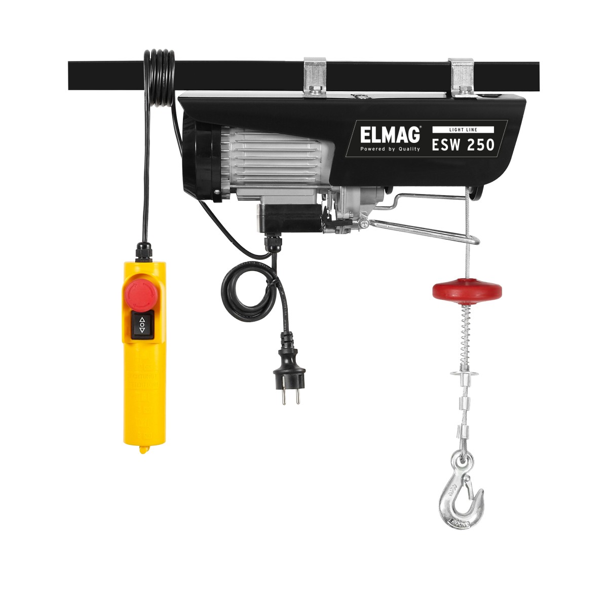 Elektrische Seilwinde ELMAG ESW 250 mit Haken, gelber Fernbedienung und Netzkabel, zur sicheren Lastenhebung.