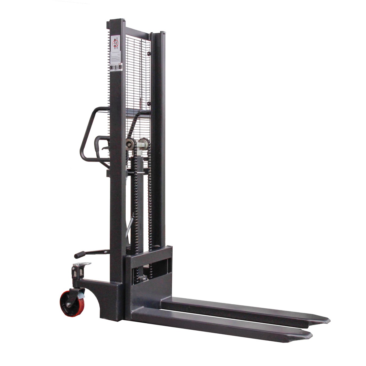 Manueller Hochhubwagen mit Gabelzinken, Mast, Schutzgitter und hinterem Lenk- und Bremsrad.