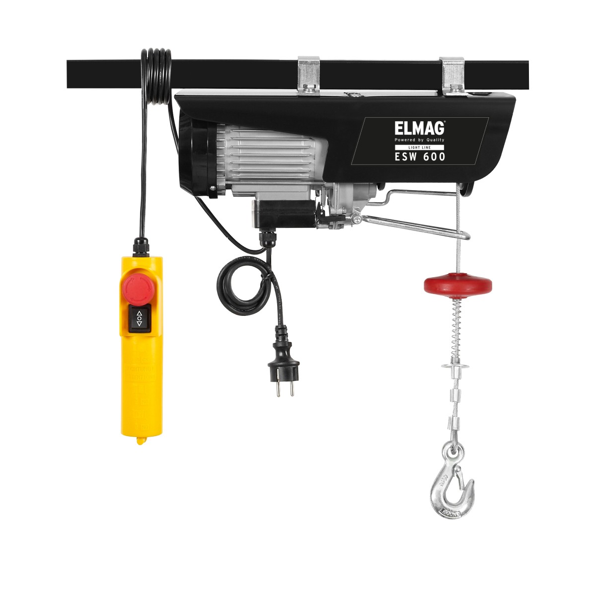 Elektrische Seilwinde ELMAG ESW 600 mit Haken, gelber Fernbedienung und Netzkabel, geeignet für schwere Hebeaufgaben.