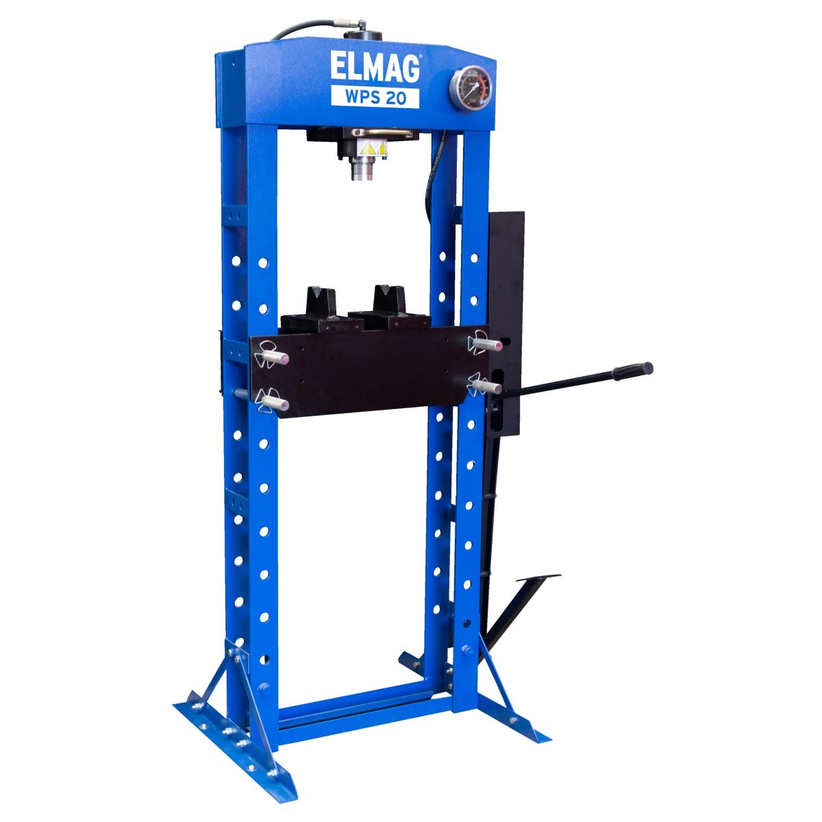 Hydraulische Werkstattpresse mit blauem Rahmen, Presszylinder, Druckmanometer, verstellbarem Presstisch und Hebel.