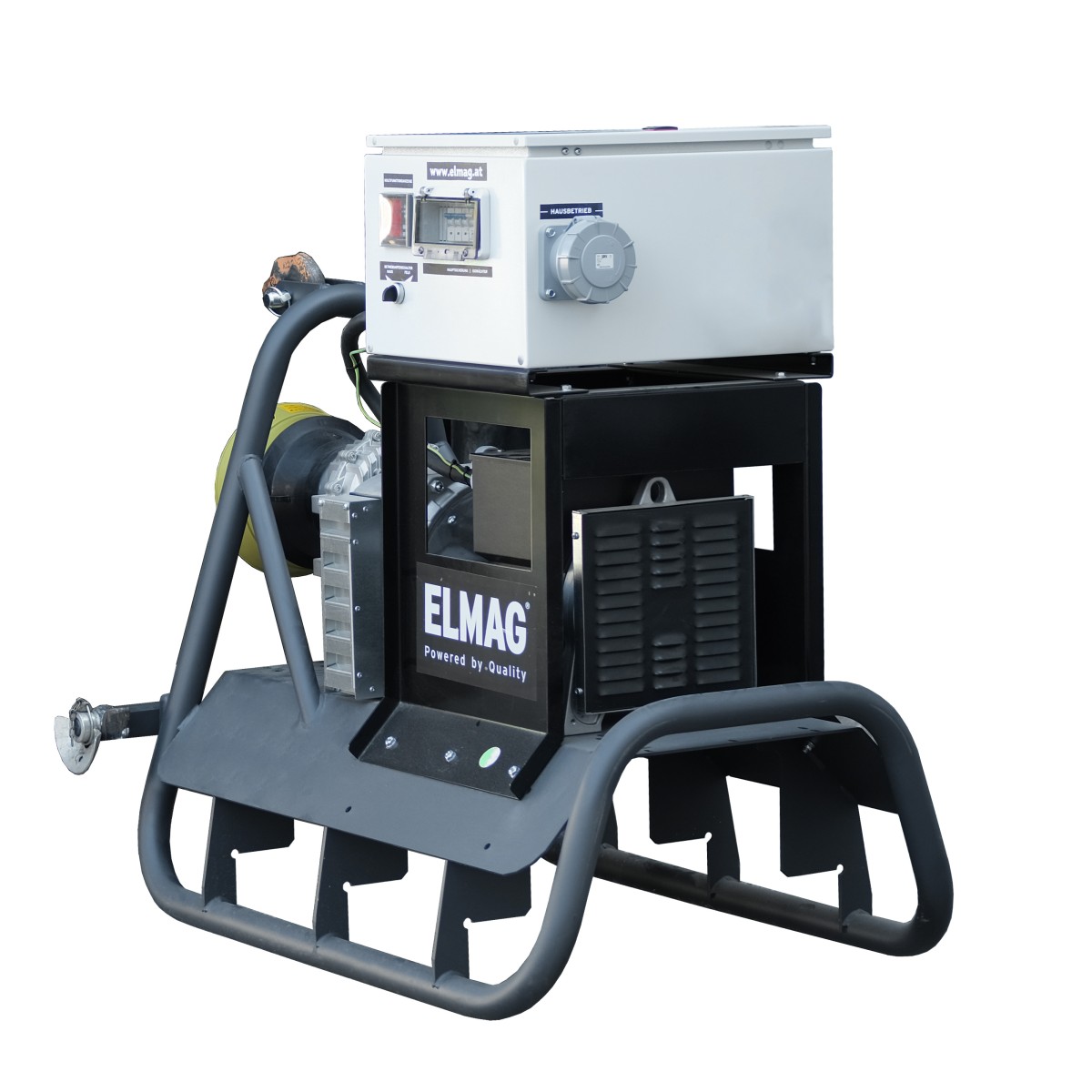 Stromaggregat auf robustem Rahmen mit Steuerbox, Steckdosen und Antriebseinheit.
