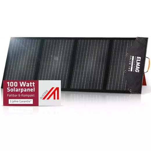 Schwarzes faltbares 100 Watt-Solarpanel mit Hinweis auf 3 Jahre Garantie.