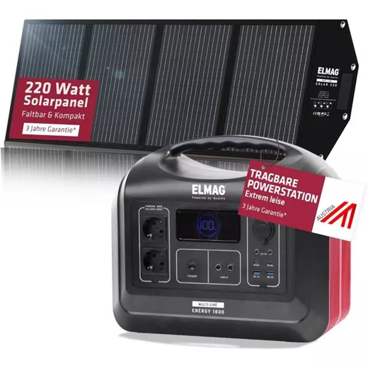 ELMAG ENERGY 1800 mit 220 W-Solarpanel, tragbare und leise Powerstation mit 3 Jahre Garantie bei Online-Registrierung.