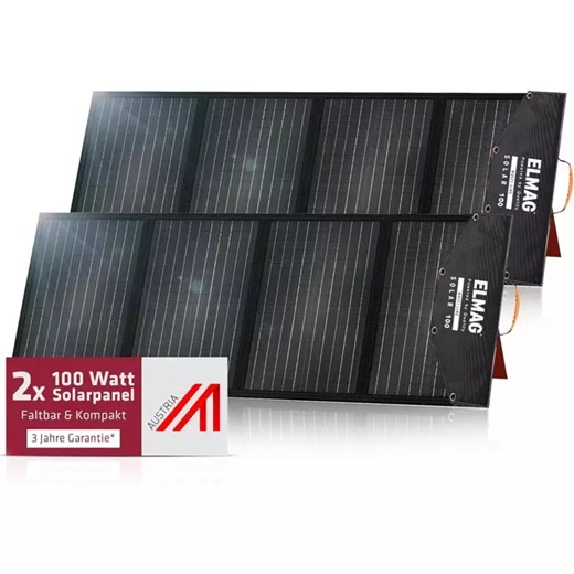 Zwei faltbare 100 Watt-Solarpanels nebeneinander mit Hinweis auf 3 Jahre Garantie und kompaktes Design.