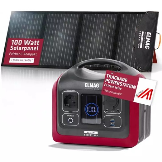 ELMAG Energy 600 Powerstation mit 100 W faltbarem Solarpanel, extrem leise, tragbar, mit 3 Jahre Garantie.