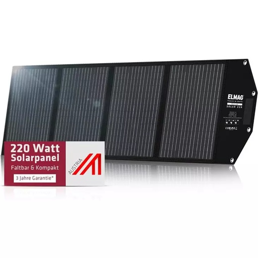 220 W faltbares Solarpanel mit Garantiehinweis und kompaktem Design auf weißem Hintergrund.