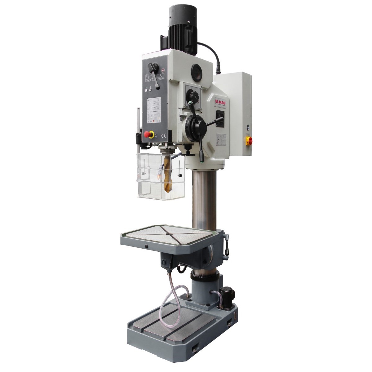 Säulenbohrmaschine mit Bohrkopf, Schutzhaube, höhenverstellbarem Arbeitstisch, Säule und Maschinenfuß mit T-Nuten.