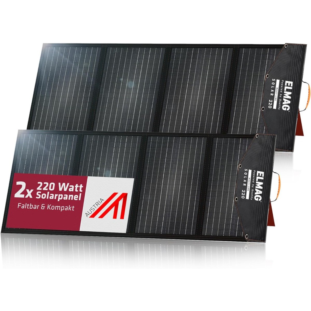 Faltbares Solarpanel Zwei faltbare 220 W Solarpaneele von ELMAG, kompakt designt, mit Hinweis auf 3 Jahre Garantie auf weißem Hintergrund.