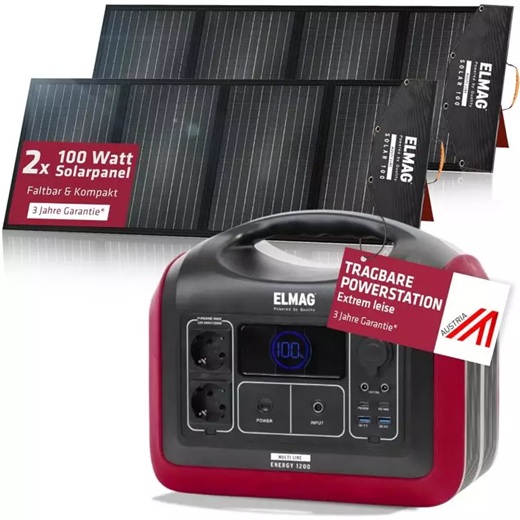 ELMAG ENERGY 1200 mit zwei 100 W Solarpanels, tragbare Powerstation, kompakt, leise, 3 Jahre Garantie.