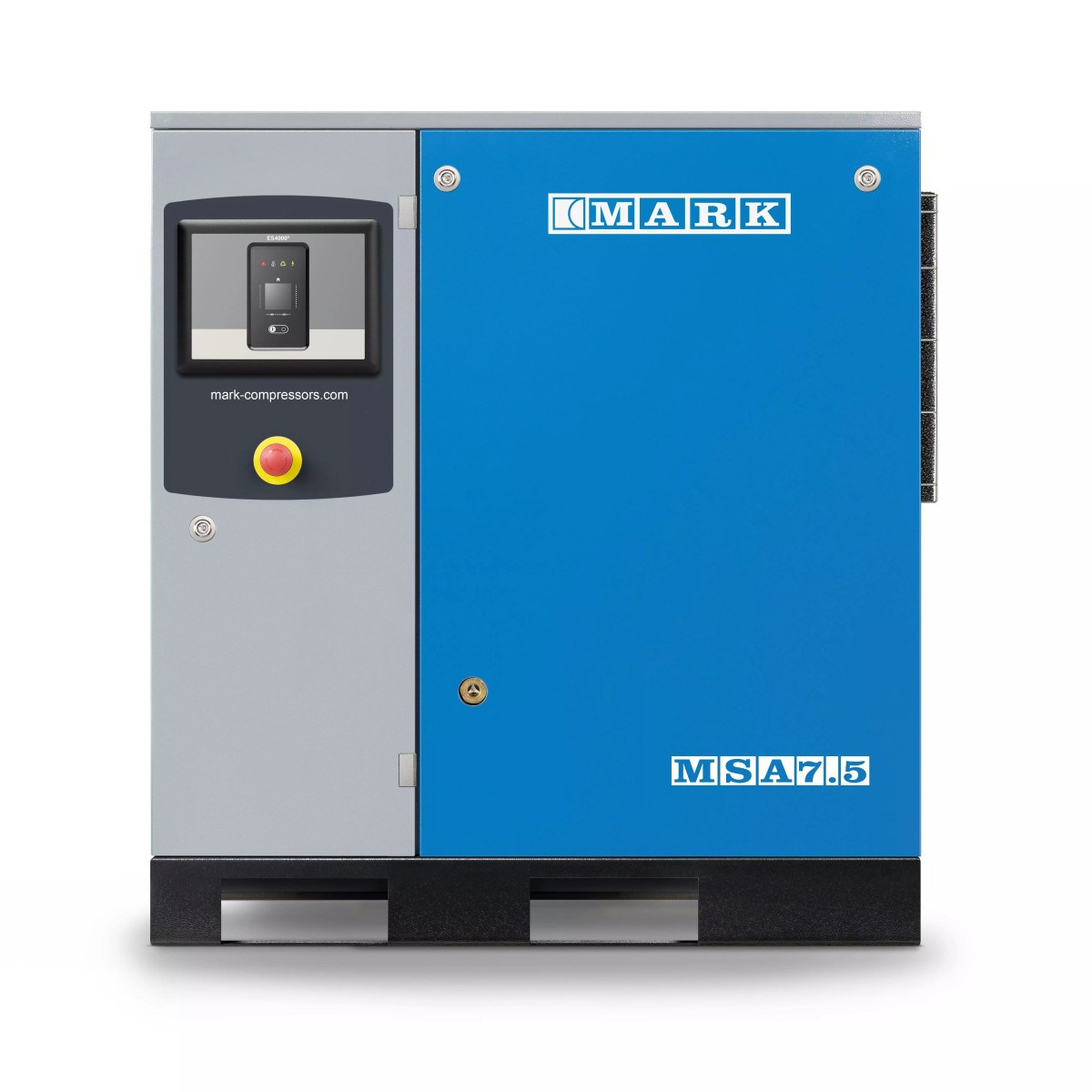 Blau-grauer MARK MSA 7.5 Schraubenkompressor mit Bedienfeld, Not-Aus-Schalter und geschlossenem Gehäuse.