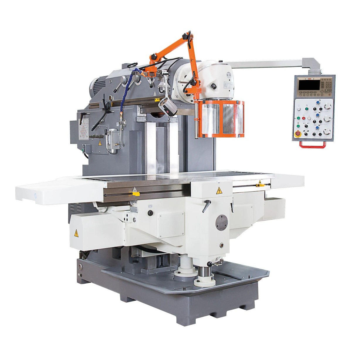 ELMAG-Universalfräsmaschine mit langem Arbeitstisch, Fräskopf, Schutzvorrichtung, Kühlmittelschlauch und Bedienpult.