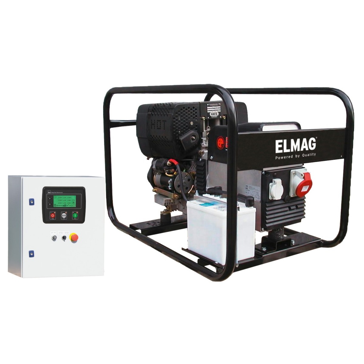 Offener ELMAG-Stromerzeuger im schwarzen Rohrrahmen mit Motor, Batterie, Steckdosen und separatem Steuerkasten mit Display.