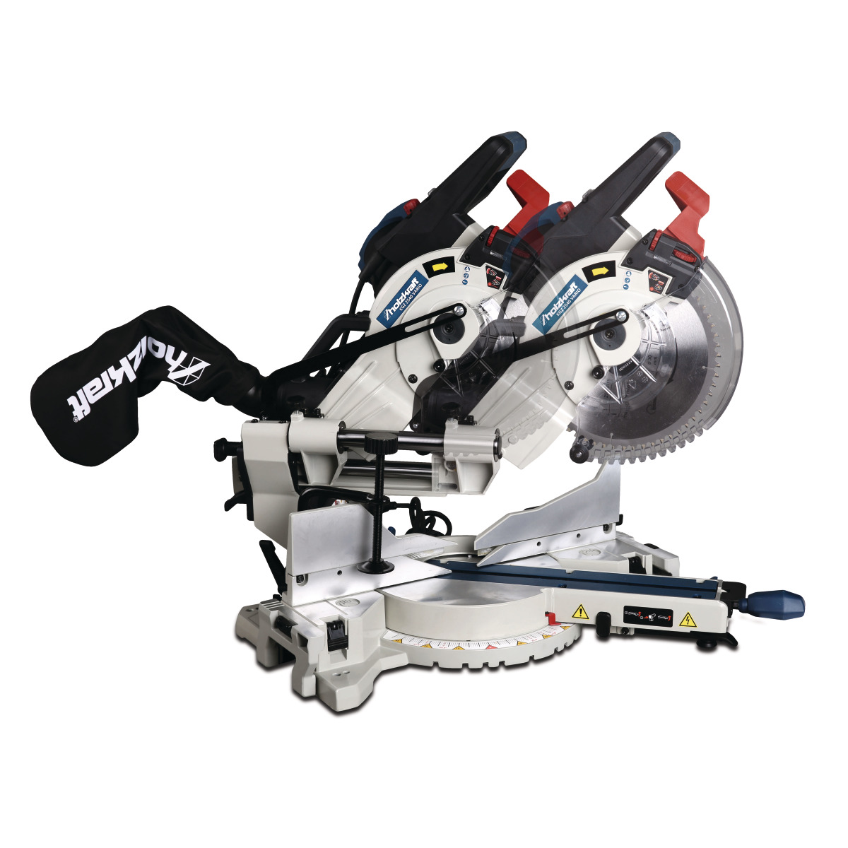 Gehrungssäge in mehreren Positionen gezeigt, Bewegung des Sägearms dargestellt.