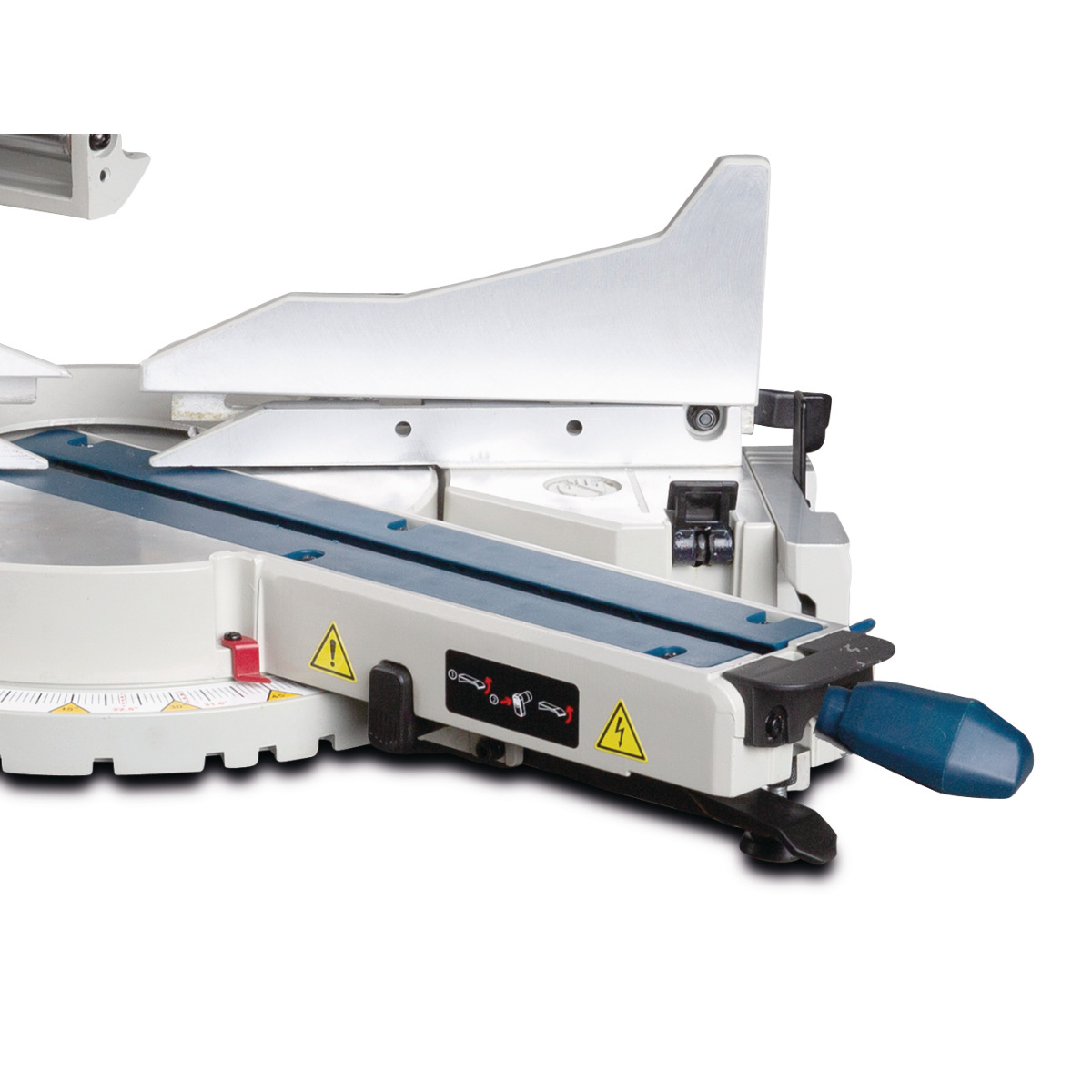 Detail der vorderen Anschlagleiste und Führungsschiene der Gehrungssäge.