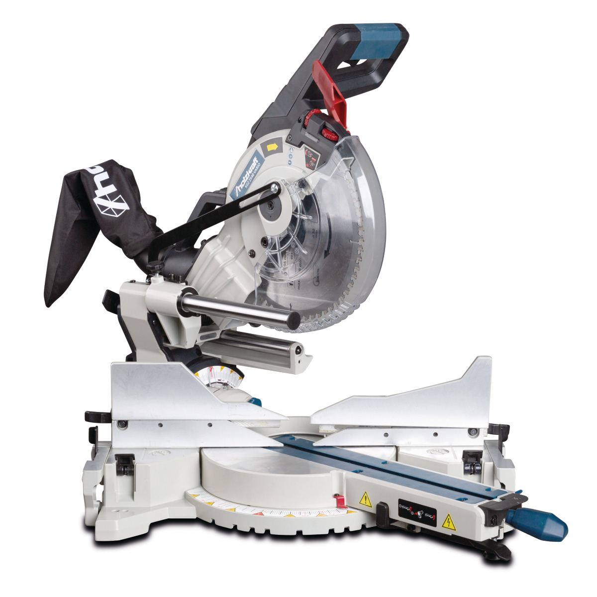 Gehrungssäge seitlich, Sägeblatt abgesenkt, Anschläge und Skala sichtbar.