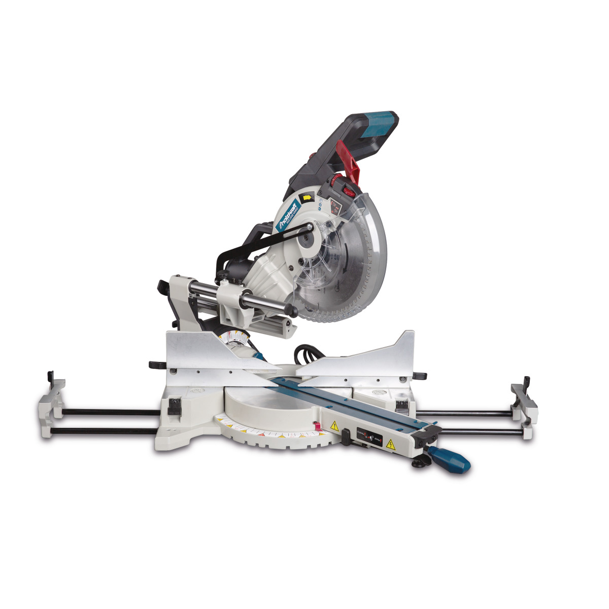 Gehrungssäge von vorne, Führungsschienen ausgezogen, Sägeblatt sichtbar.