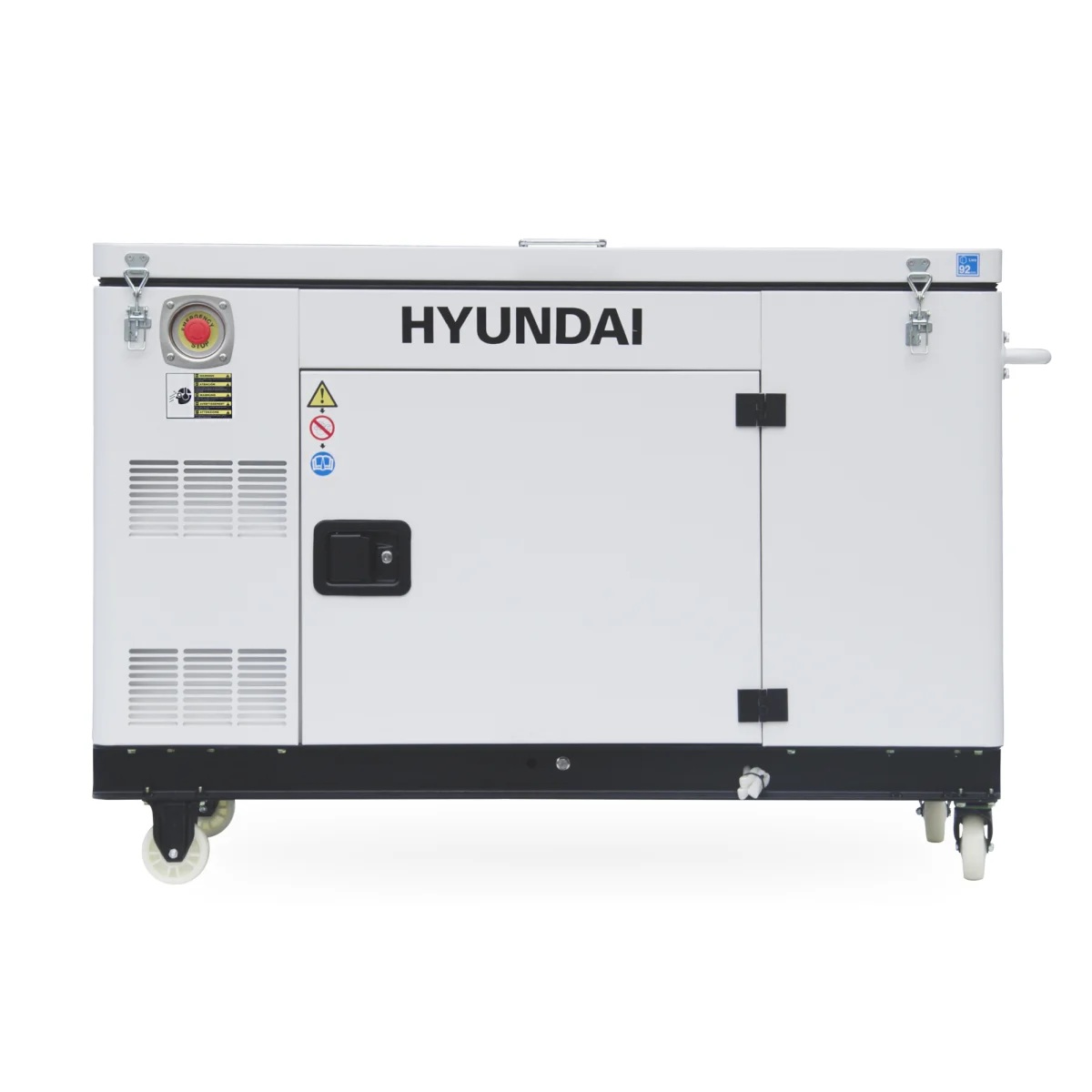 Hyundai Diesel Generator DHY12000XSE-T D Geschlossene Seitenansicht mit großem Hyundai-Schriftzug, Not-Aus-Taster, Wartungsklappe und Lüftungsöffnungen.