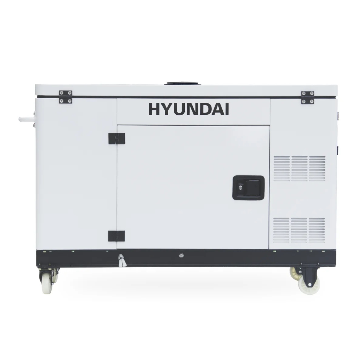 Hyundai Diesel Generator DHY12000XSE-T D Geschlossene Seitenansicht des schallgedämmten Gehäuses mit Wartungstür, Lüftungsöffnungen und Rollen.