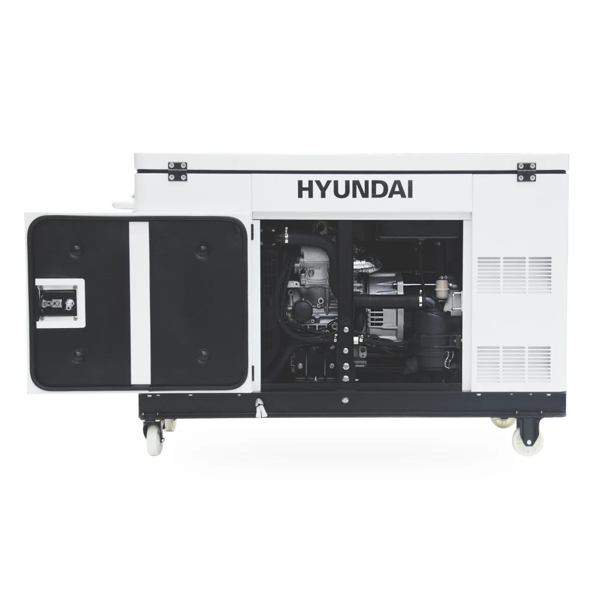 Hyundai Diesel Generator DHY12000XSE-T D Seitenansicht mit geöffneter großer Wartungstür und sichtbarem Motor-/Generatorbereich.