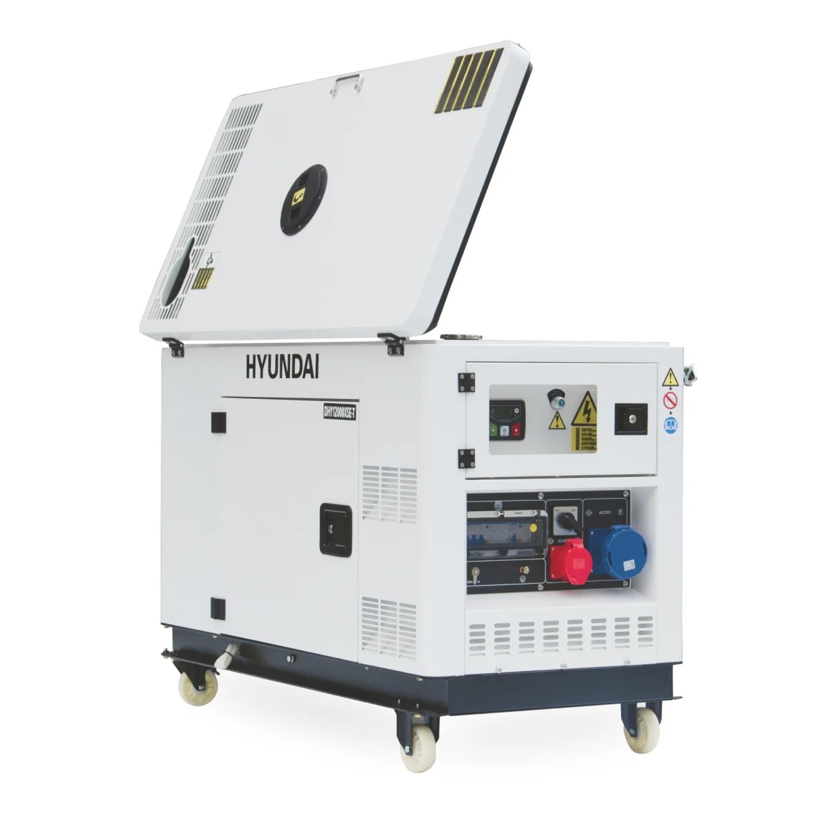 Hyundai Diesel Generator DHY12000XSE-T D Alternative Schrägansicht mit geöffnetem oberen Deckel und gut sichtbarem Bedien- und Anschlussfeld.