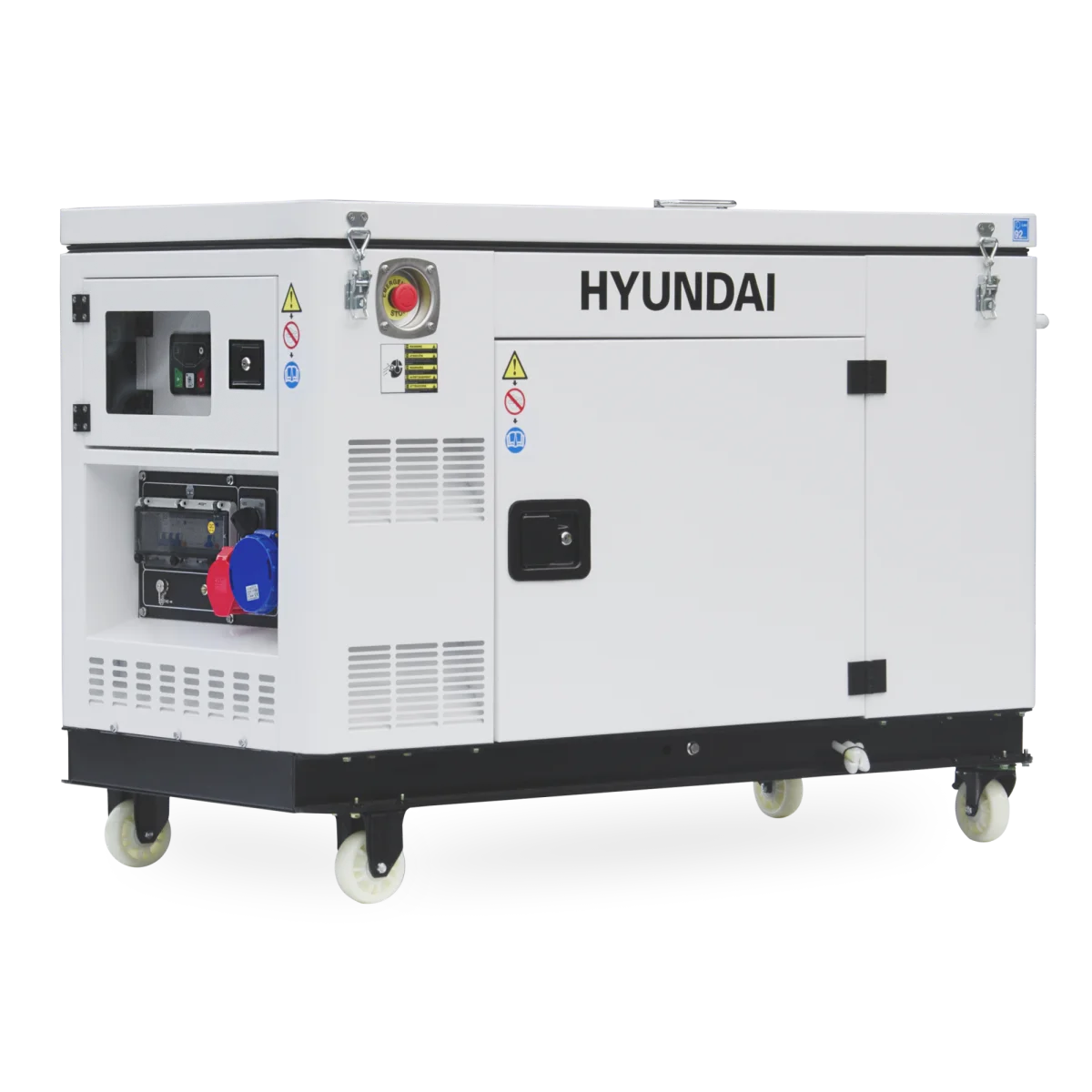 Hyundai Diesel Generator DHY12000XSE-T D Schrägansicht des kompletten Hyundai Silent Diesel Generators auf Rollen mit geschlossenem Gehäuse und seitlichem Bedienfeld.