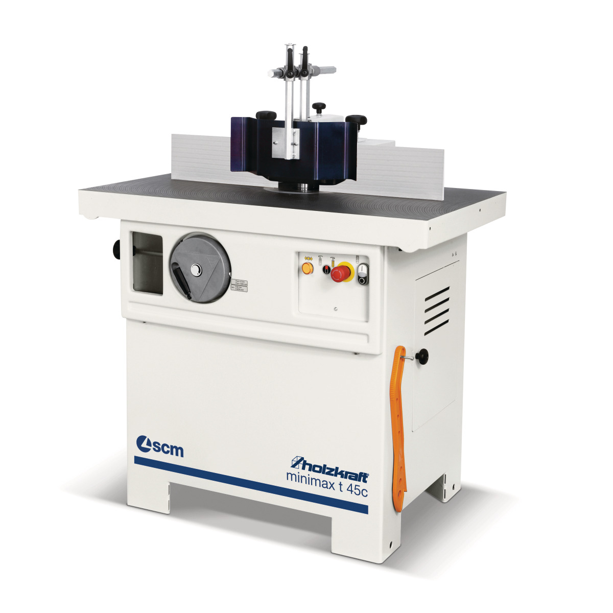 Tischfräsmaschine Holzstar minimax t 45c mit Fräsanschlag, Schutzhaube, Bedienfeld und Handrad.