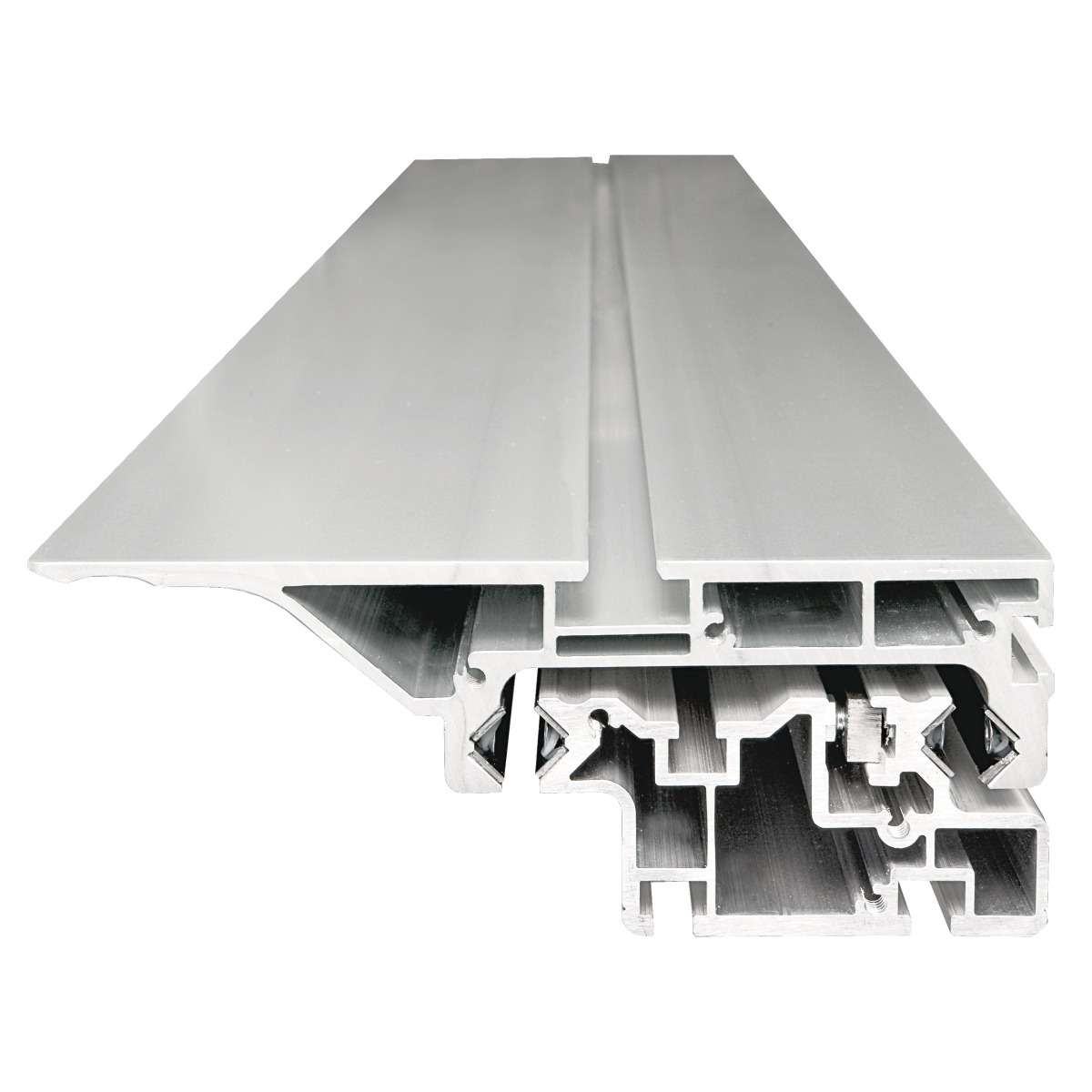 Querschnitt eines Aluminium-Schiebetischprofils mit Hohlkammern und integrierten Führungen
