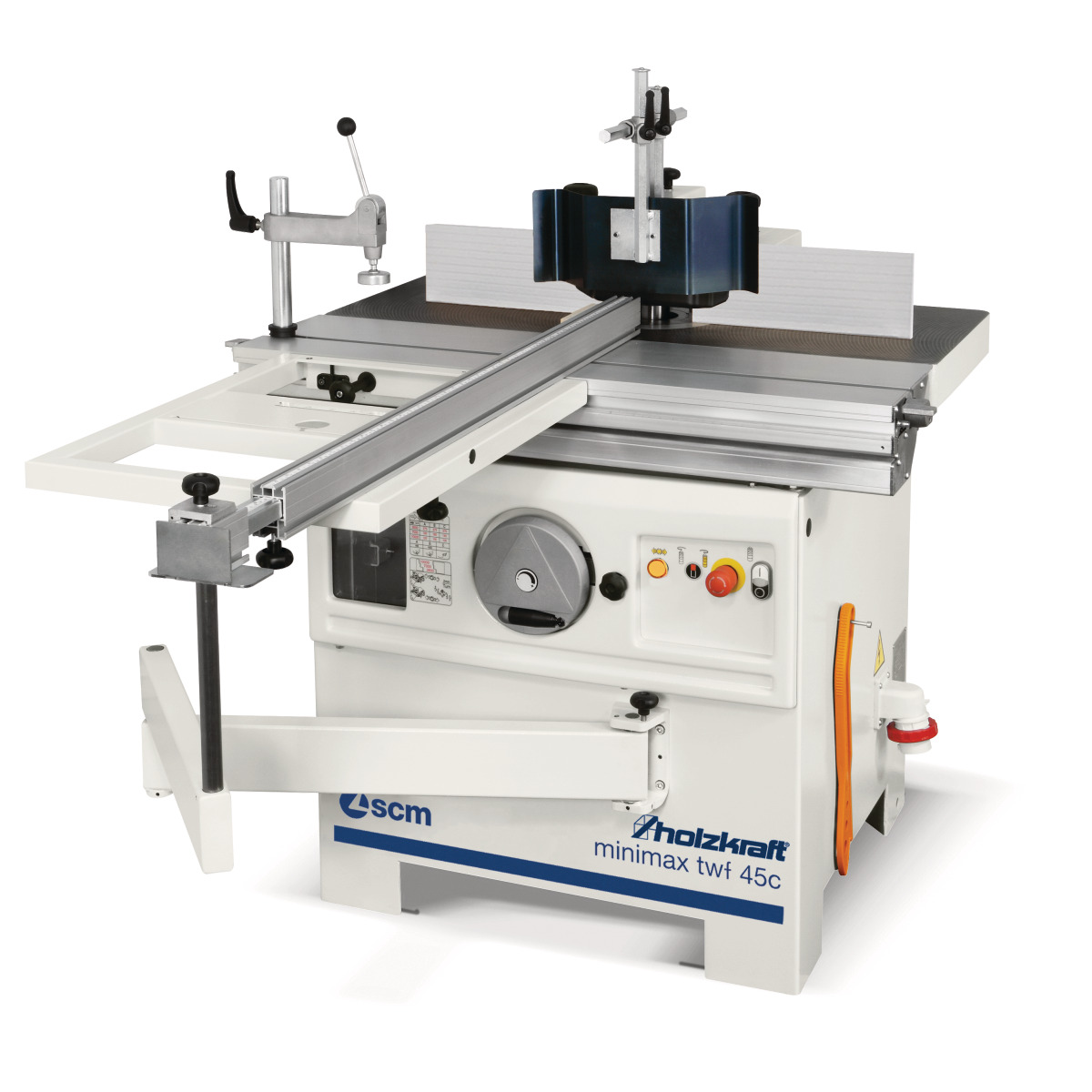 Tischfräsmaschine Holzstar minimax twf 45c mit Schiebetisch, Fräsanschlag, Schutzhaube, Werkstückhalter und Bedienfeld.