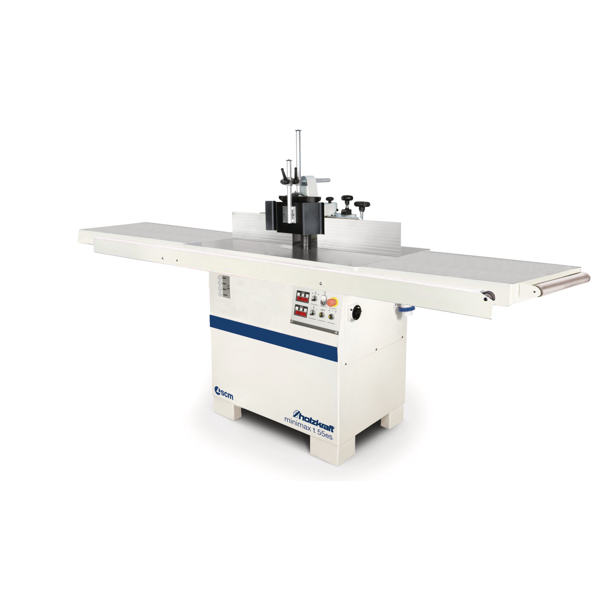 Tischfräsmaschine Holzstar minimax t 55es mit langem Arbeitstisch, Fräsanschlag, Vorschubapparat und Bedienfeld.
