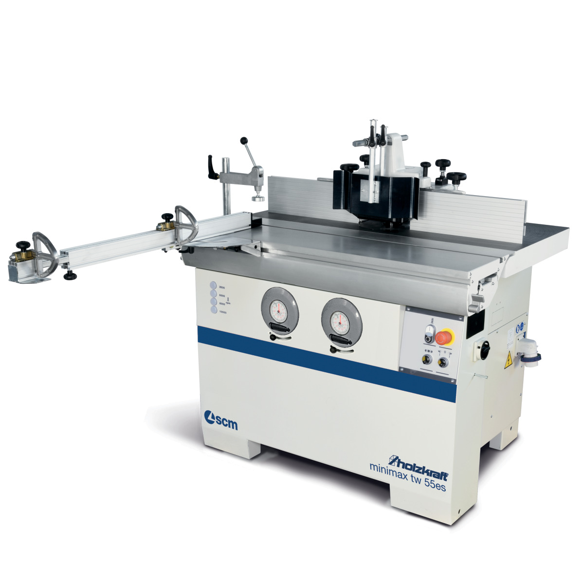 Tischfräsmaschine Holzstar minimax tw 55es mit Schiebetisch, Fräsanschlag, Schutzhaube, Rundanzeigen und Bedienfeld