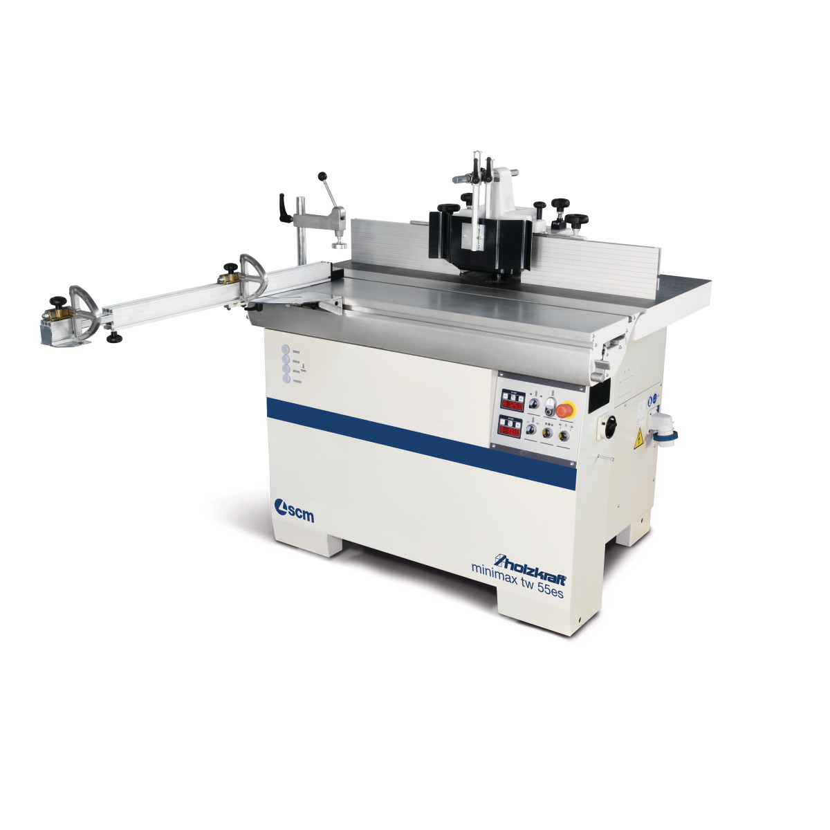 Tischfräsmaschine Holzstar minimax tw 55es mit Schiebetisch, Fräsanschlag, Schutzhaube und digitalem Bedienfeld