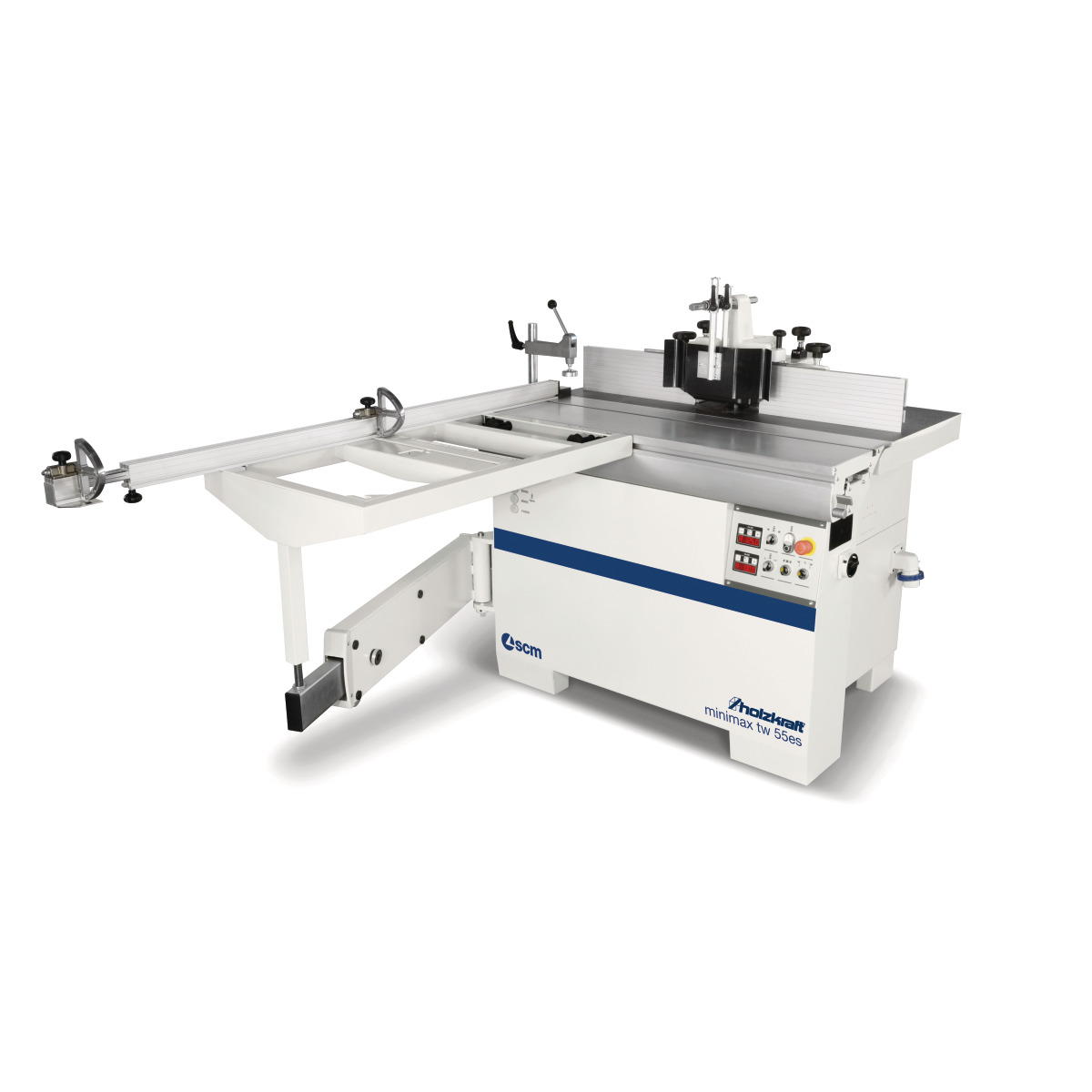 Tischfräsmaschine Holzstar minimax tw 55es mit Schiebetisch, Fräsanschlag, Schutzhaube und digitalem Bedienfeld.