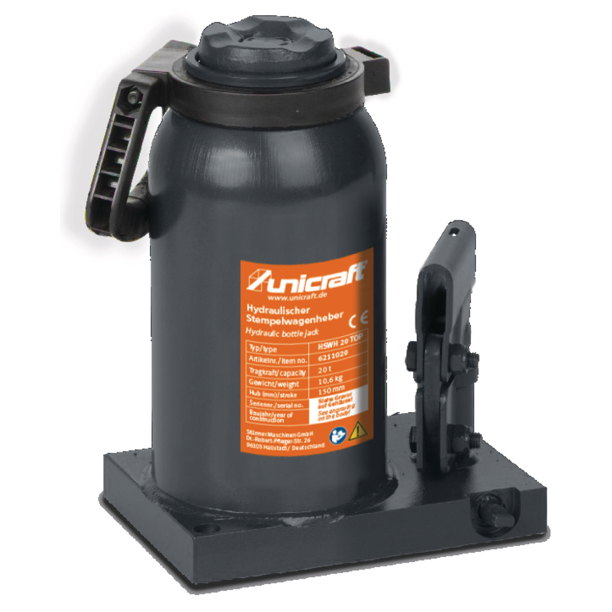 Hydraulischer Flaschenheber mit Tragegriff, zylindrischem Gehäuse, seitlicher Hebemechanik und orangefarbener Beschriftung.