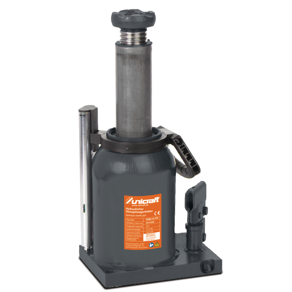 Hydraulischer Flaschenheber mit ausgefahrenem Stempel, Tragegriff, Pumphebel und orangefarbener Beschriftung am Gehäuse.