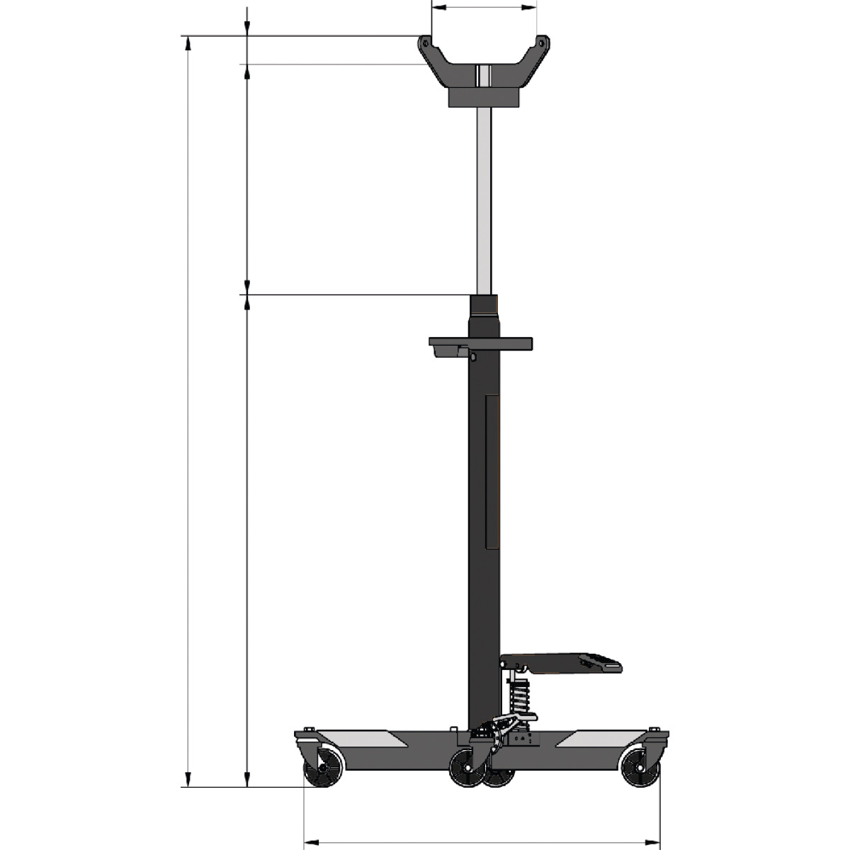 Hydraulischer Getriebeheber GH 750 TOP Technische Seitenzeichnung des Getriebehebers mit Maßlinien für Höhe, Hubweg, Aufnahme und Fahrgestell.