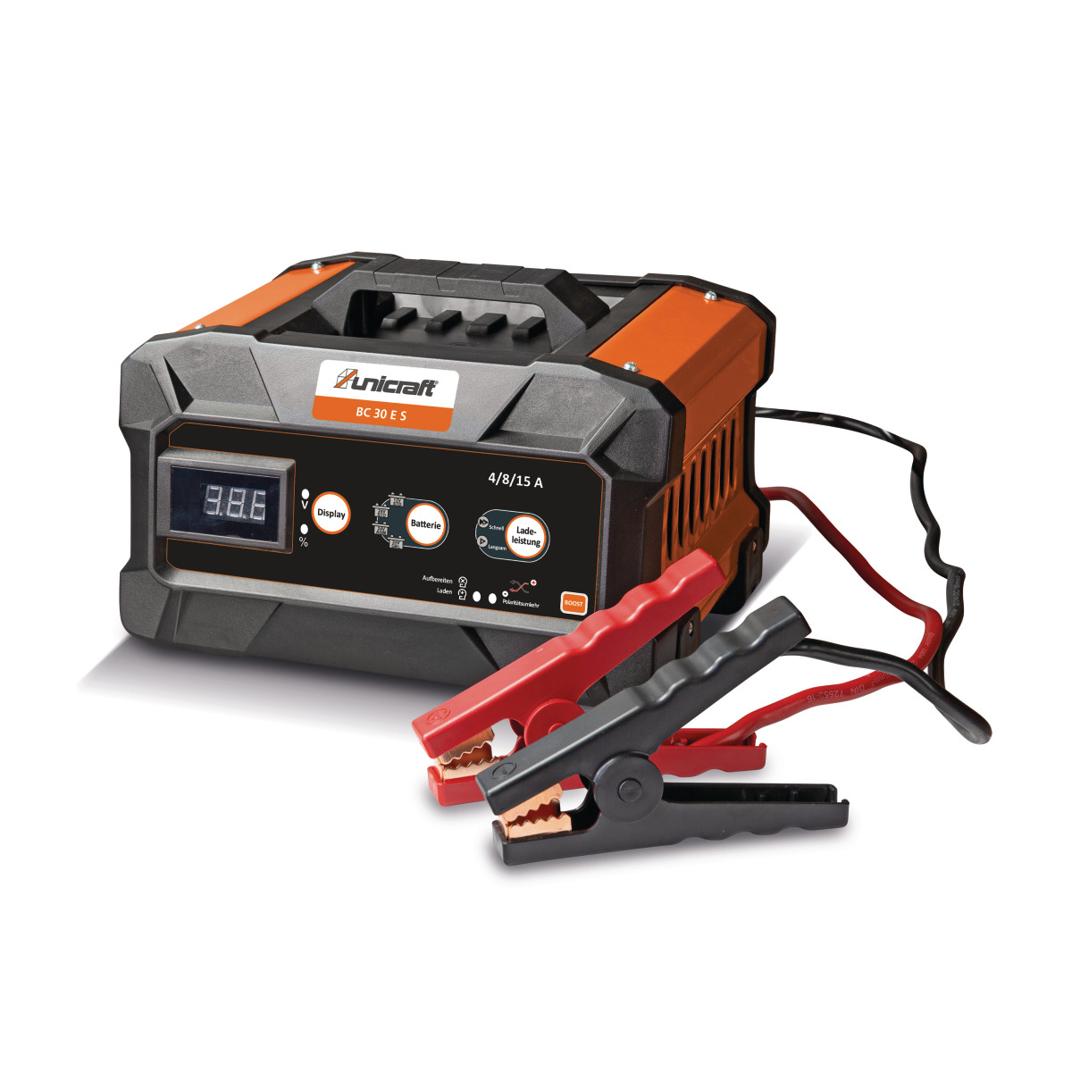 Batterieladegerät mit Display, Tragegriff und roten sowie schwarzen Polklemmen, Modell Unicraft BC 30 E S.