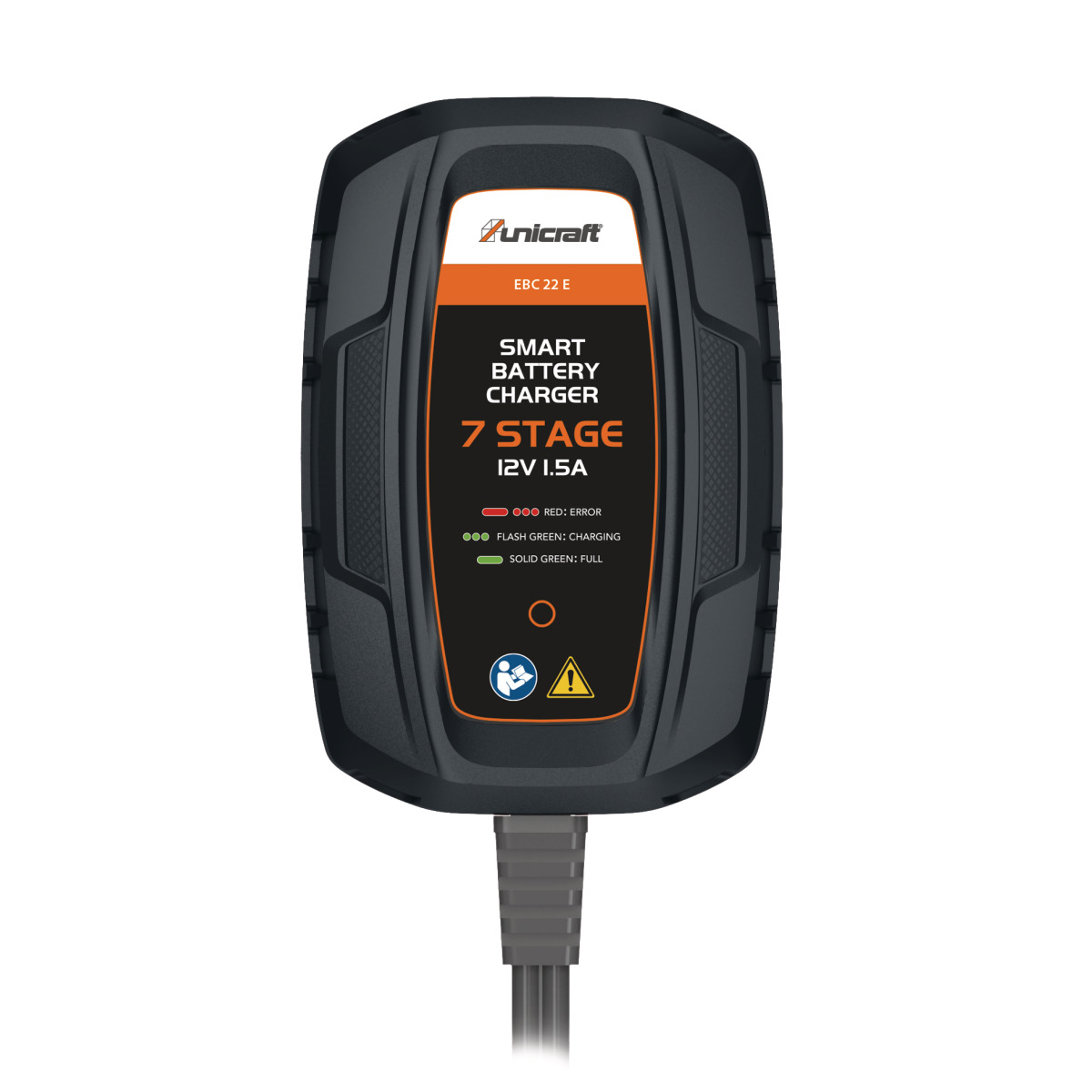 Elektronisches Batterielade- und -erhaltungsgerät EBC 22 E Kompaktes Batterieladegerät in Schwarz-Orange mit LED-Anzeigen und Aufschrift ‚Smart Battery Charger 7 Stage 12V 1.5A‘