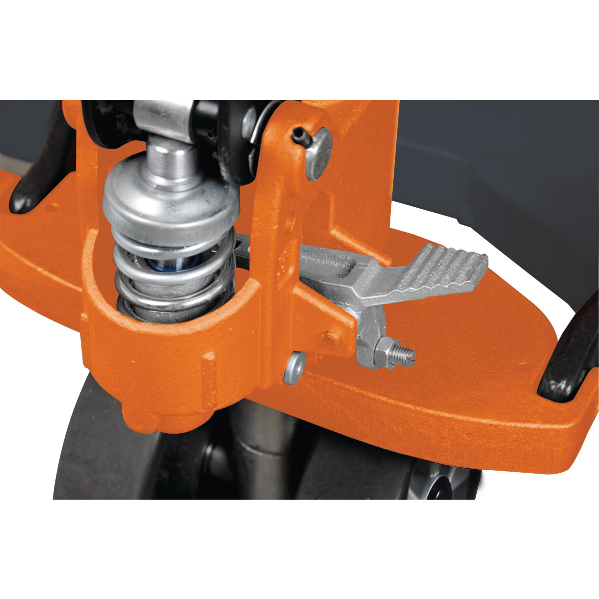 Handgabelhubwagen PHW 2508 K Nahaufnahme der orangefarbenen Hubmechanik mit Feder und geriffeltem Fußpedal