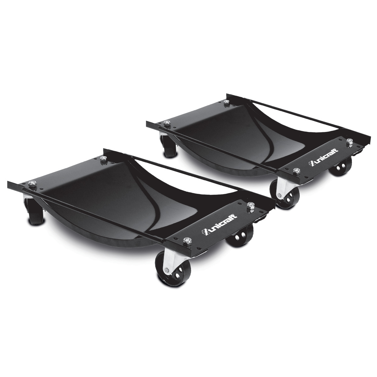 PKW-Rollwagen PRW 450 Zwei schwarze PKW-Rollwagen mit gewölbten Radauflagen, rechteckigen Metallrahmen, seitlichen Verstrebungen und jeweils vier Rollen.