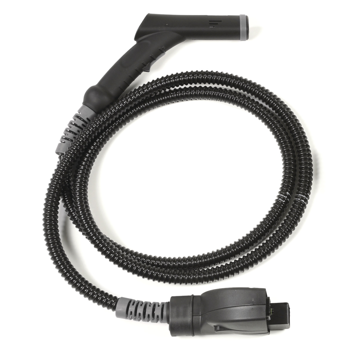 Schwarzer Dampfreinigungsschlauch mit ergonomischem Handgriff und Anschlussstück, geeignet zur Verbindung von Dampfreinigern mit verschiedenen Aufsätzen.