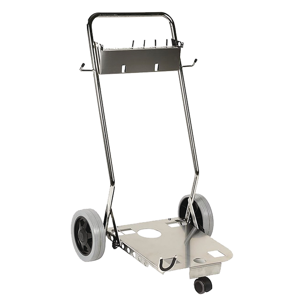 Robuster Transportwagen aus Metall mit großen Rädern und Ablagefläche, ideal zum einfachen Bewegen von Dampfreinigern und Zubehör.