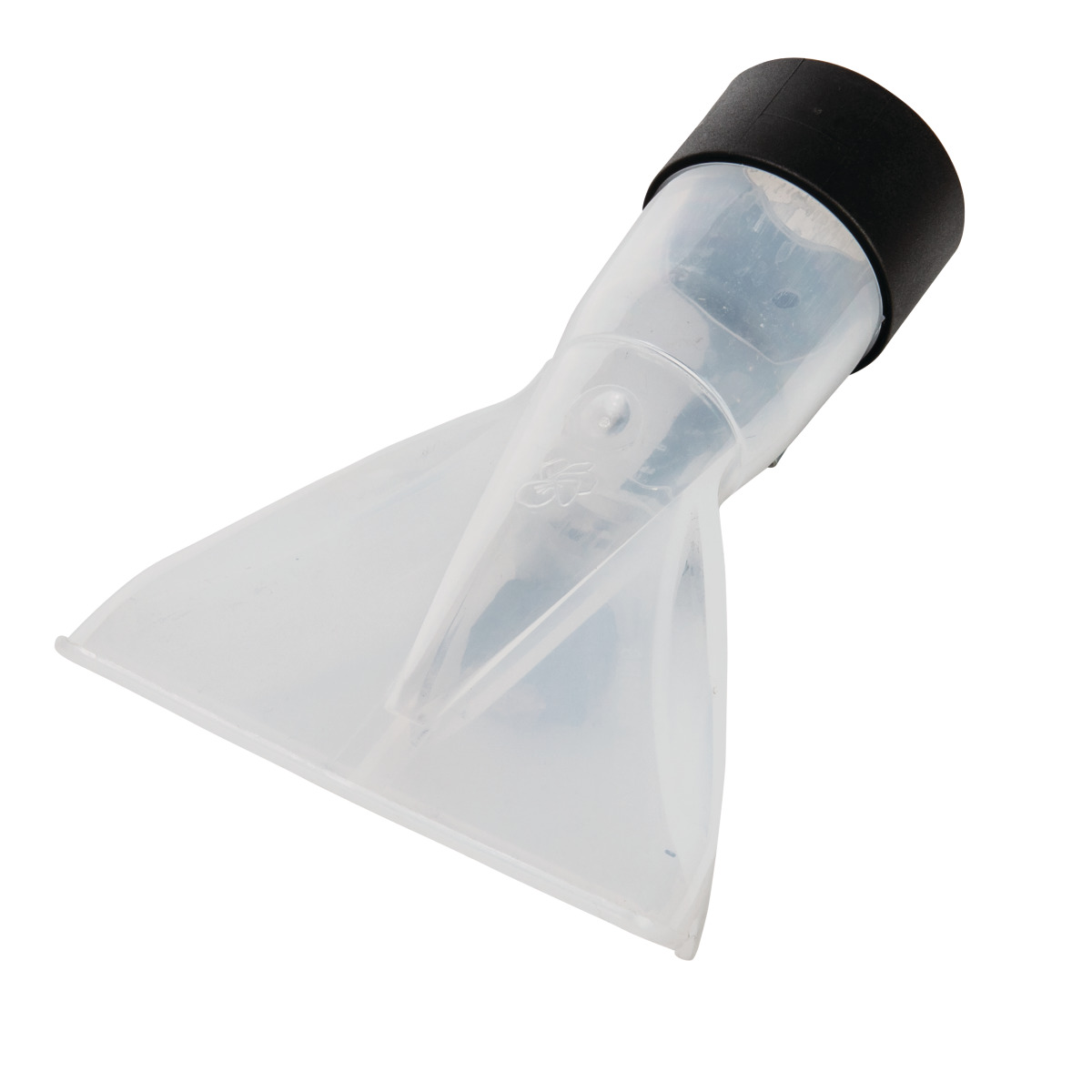 Transparente Kunststoffdüse mit schwarzem Anschlussstück, geeignet für Dampfreiniger oder Waschsauger zur Reinigung von Polstern, Teppichen und Textiloberflächen.