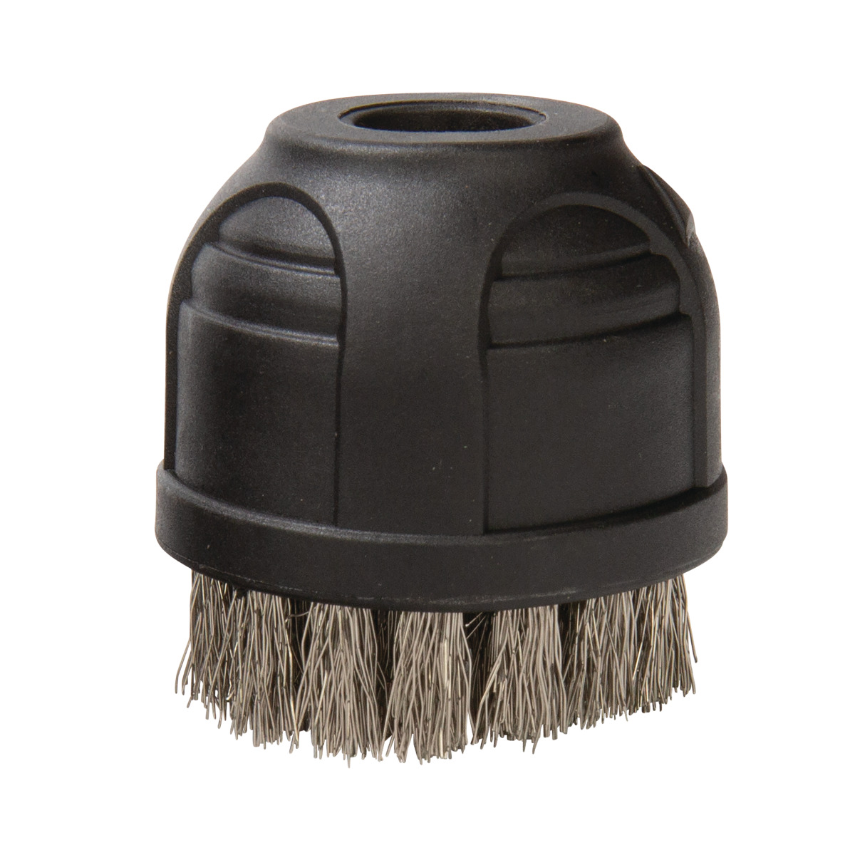 Runde Dampfreinigerbürste aus schwarzem Kunststoff mit Metallborsten, geeignet zur Entfernung hartnäckiger Verschmutzungen auf robusten Oberflächen.