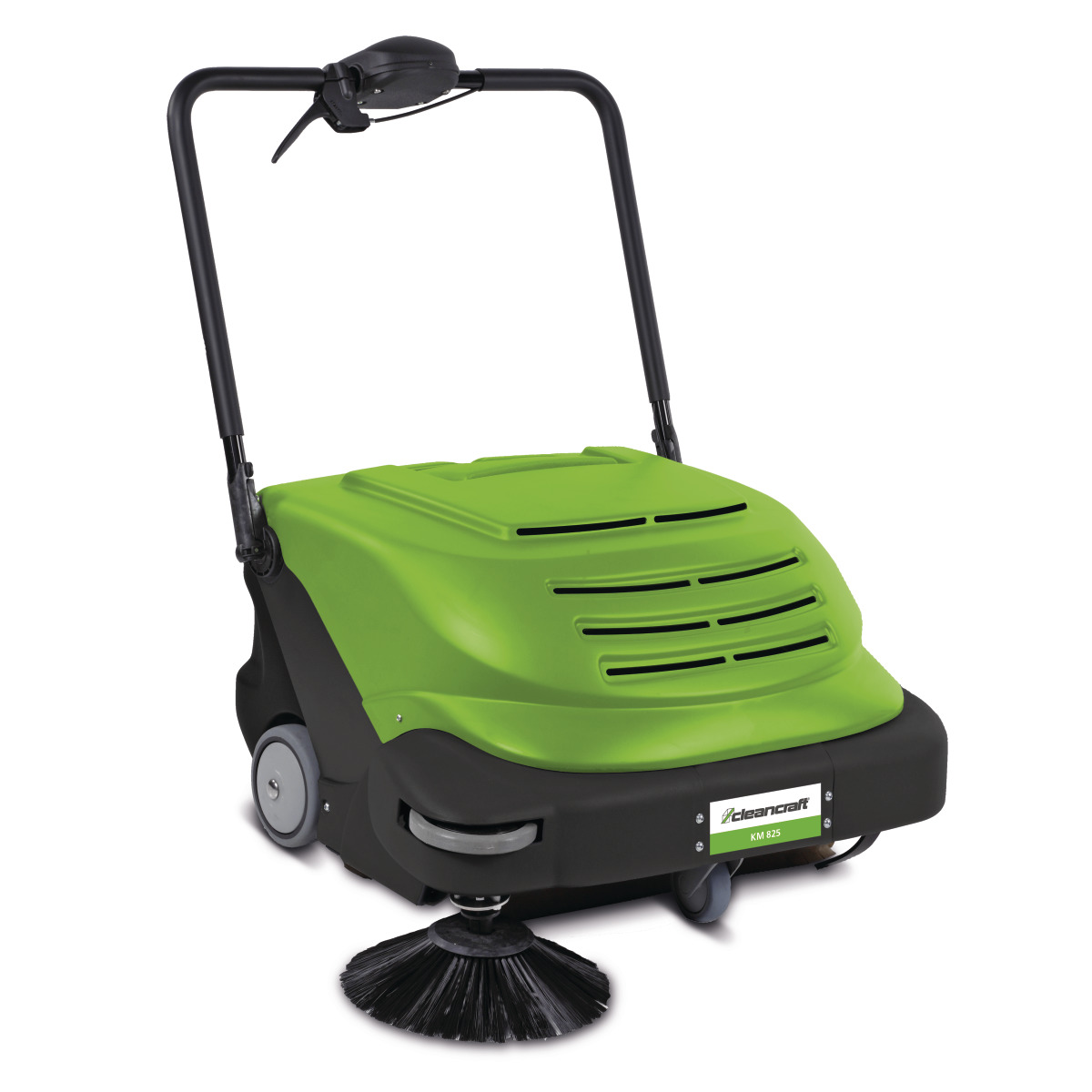 Grün-schwarze handgeführte Kehrmaschine mit einer Seitenbürste und ergonomischem Griff.