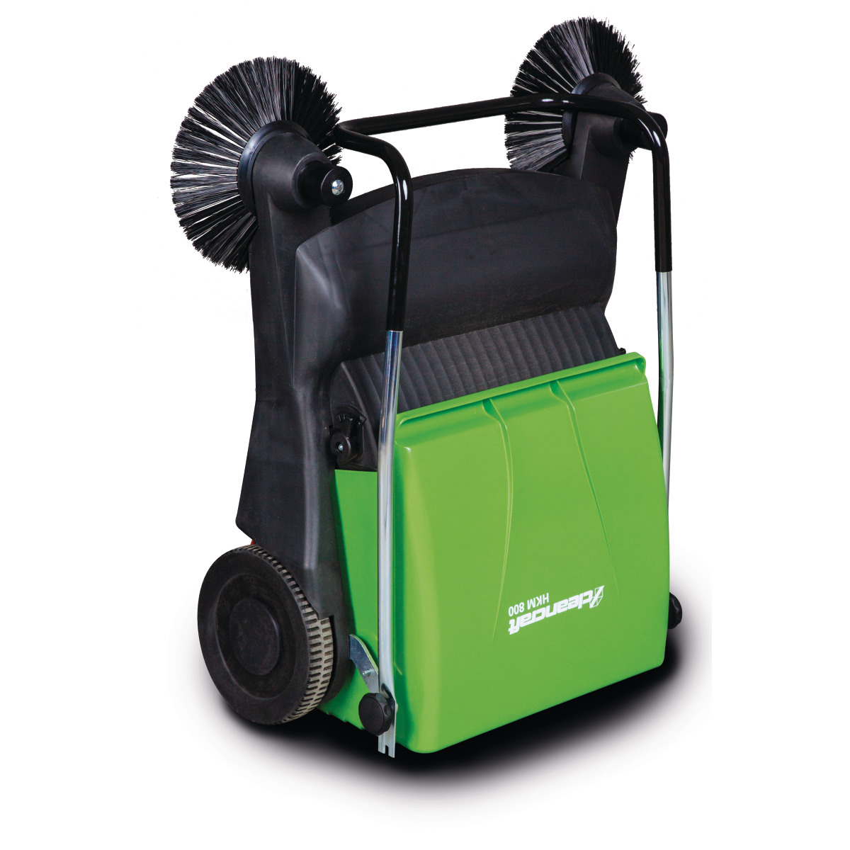 Handkehrmaschine HKM 800 Rückansicht der Kehrmaschine mit grünem Gehäuse, schwarzen Rädern und hochgeklapptem Griff.