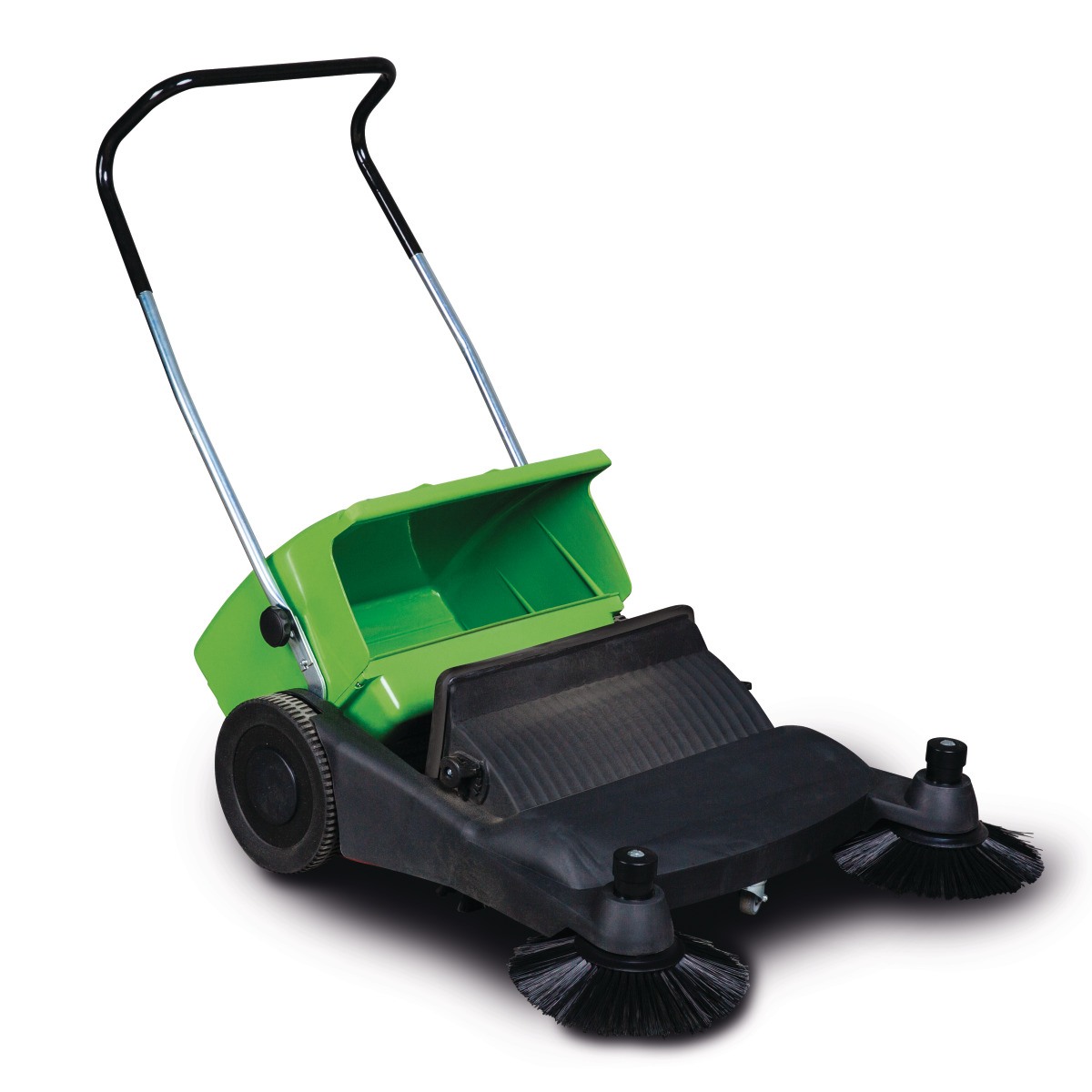 Handkehrmaschine HKM 800 Handgeführte Kehrmaschine mit geöffnetem grünen Schmutzbehälter und zwei schwarzen Seitenbürsten.